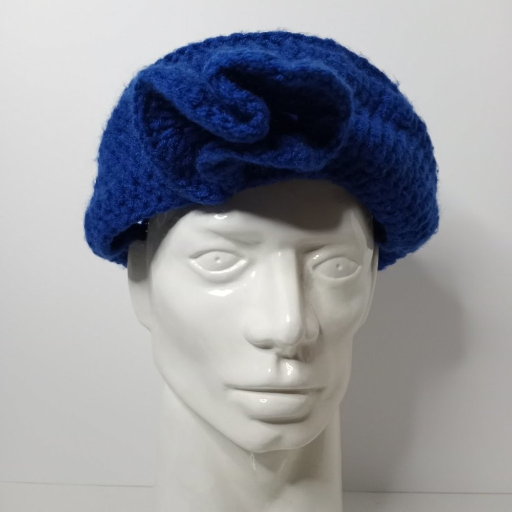 Handmade Floral Crochet Knit Hat w/Flower Blue Women's 9" Round